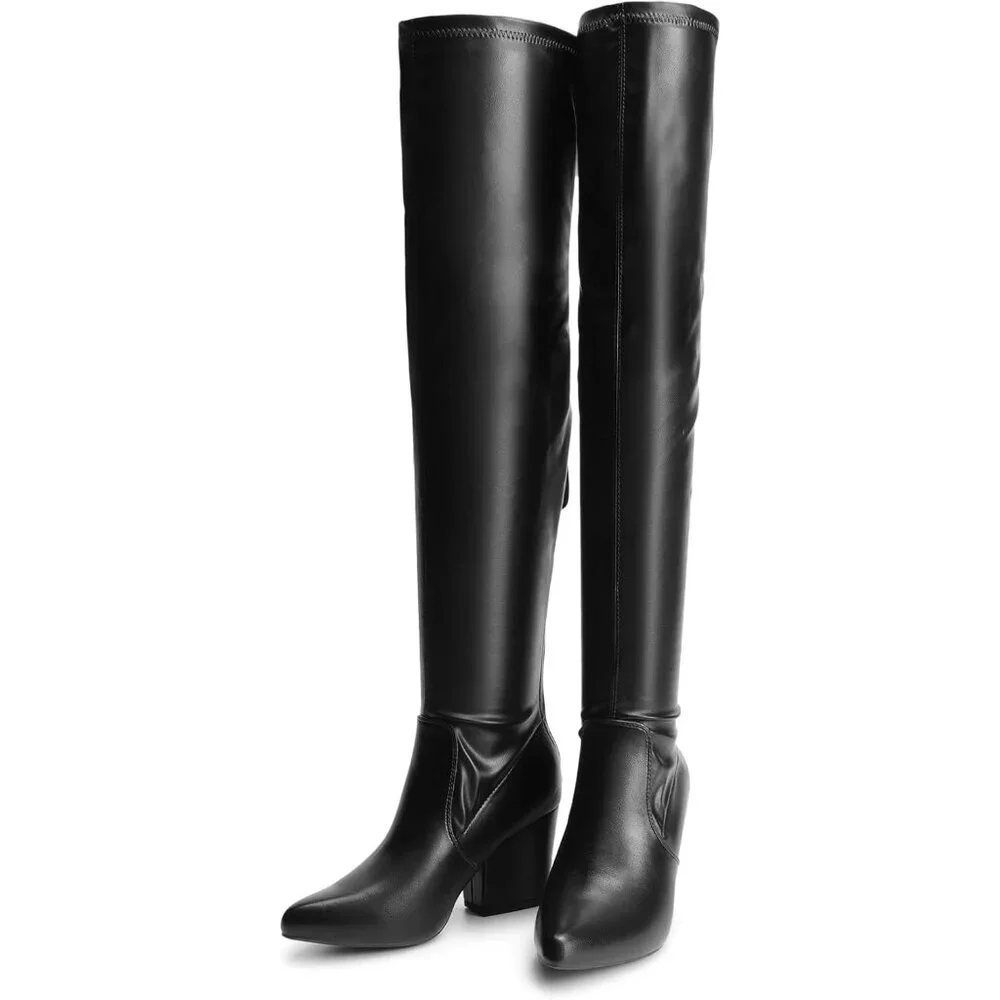 Women's Black-Pu Thigh High Knee Chunky Pointed Toe Long Block Stylish Heel Boot - Picture 5 of 7